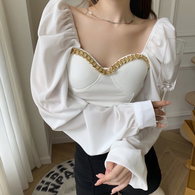 Long Sleeve Corset Style Top With Golden Chain Chest Piece