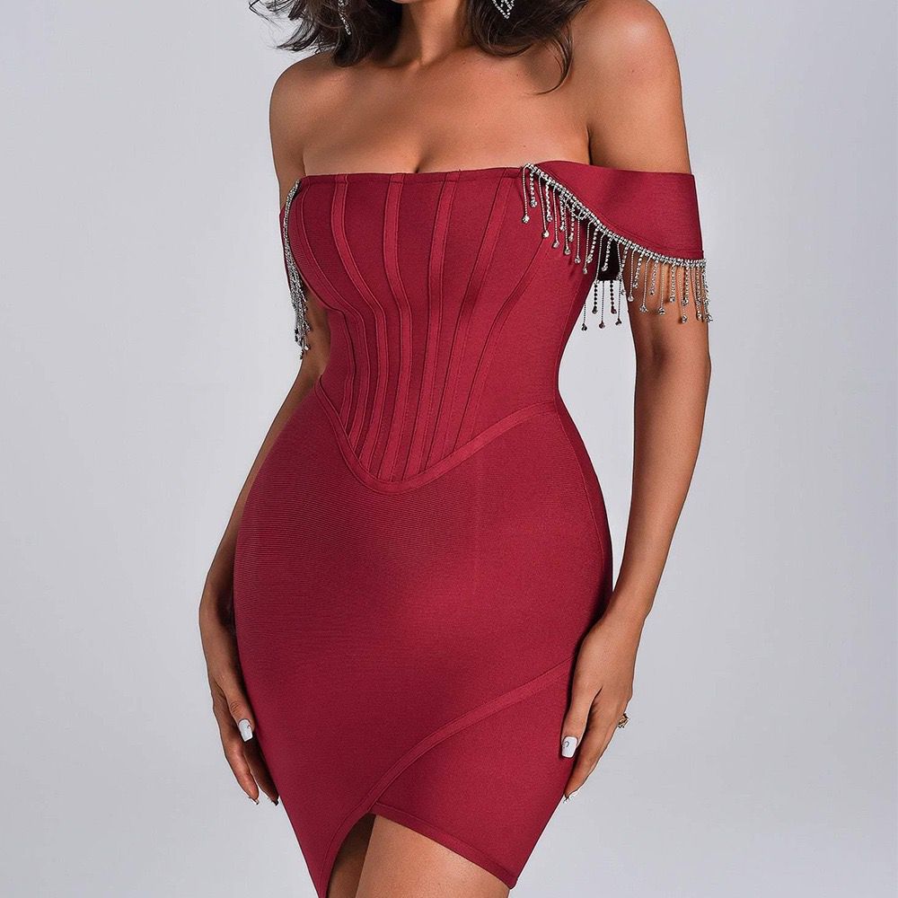 Bondage Off Shoulder Dress with Rhinestone Fringe