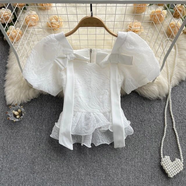 Korean Style Blouse Top with Ribbons & Puff Sleeve