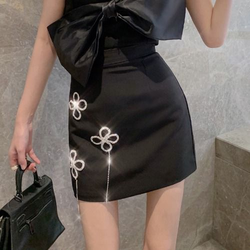 Rhinestone Pleated High Waisted Mini Skirt