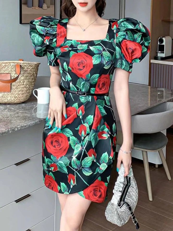 Vintage Rose Print Cocktail Dress