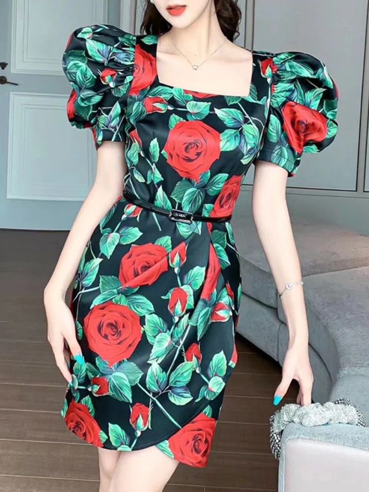 Vintage Rose Print Cocktail Dress