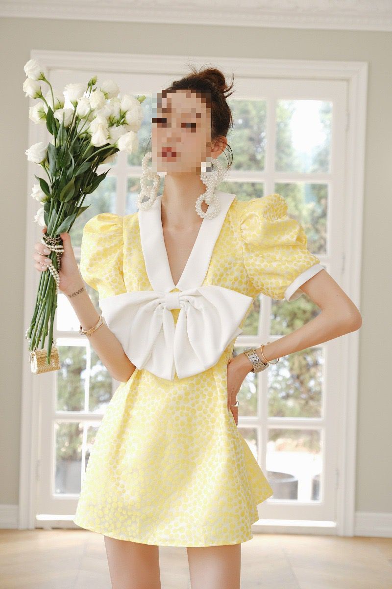 Short Sleeve Mini Dotted Yellow Dress