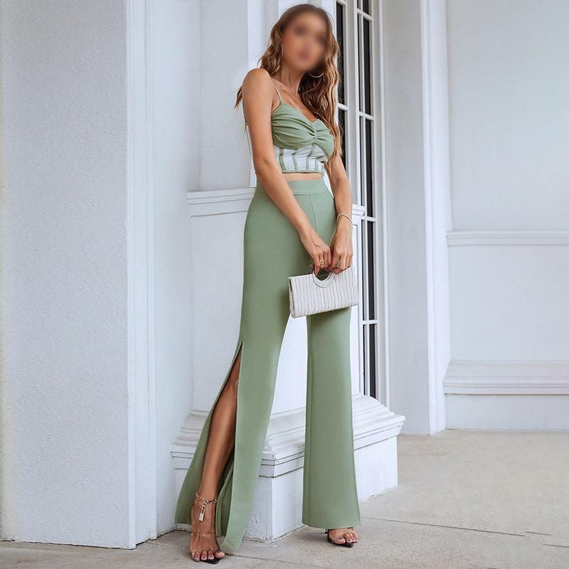 Muted Mint Green Set: High Waist Flare Pants with a Slit & a Cami Crop Top