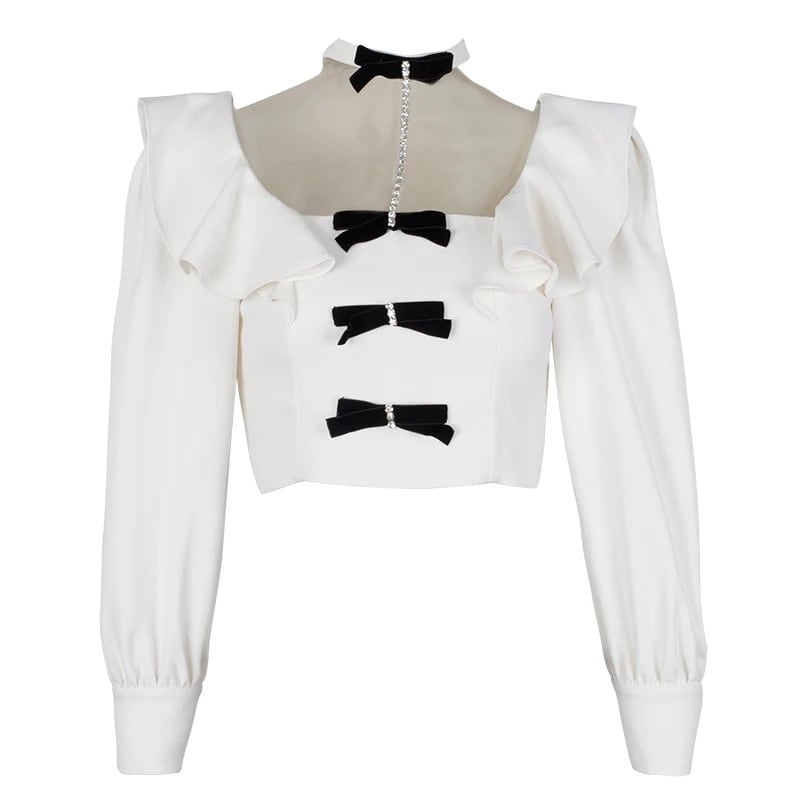 Classy Korean Style Top With Rhinestone Choker and Jeweled Ribbons