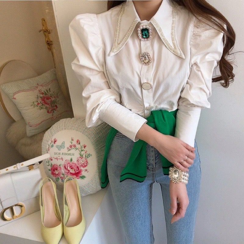 Vintage Style Blouse with Jeweled Bottons