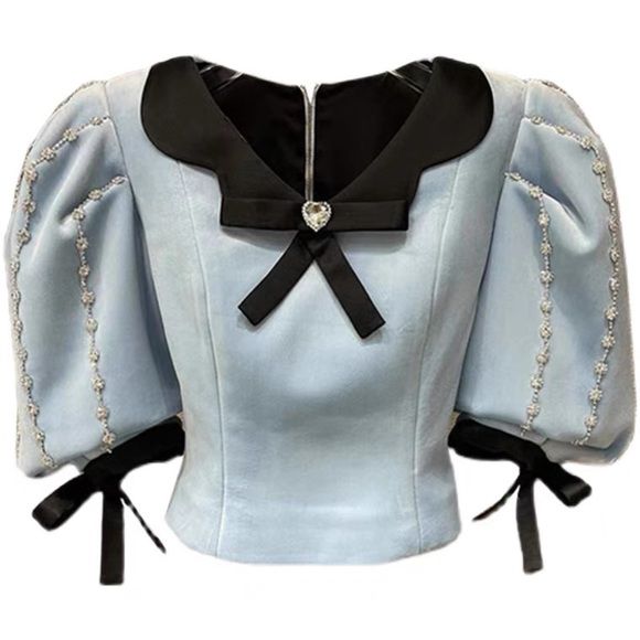 Sky Blue & Black Princess Style Top With Rhinestone Puff Sleeves