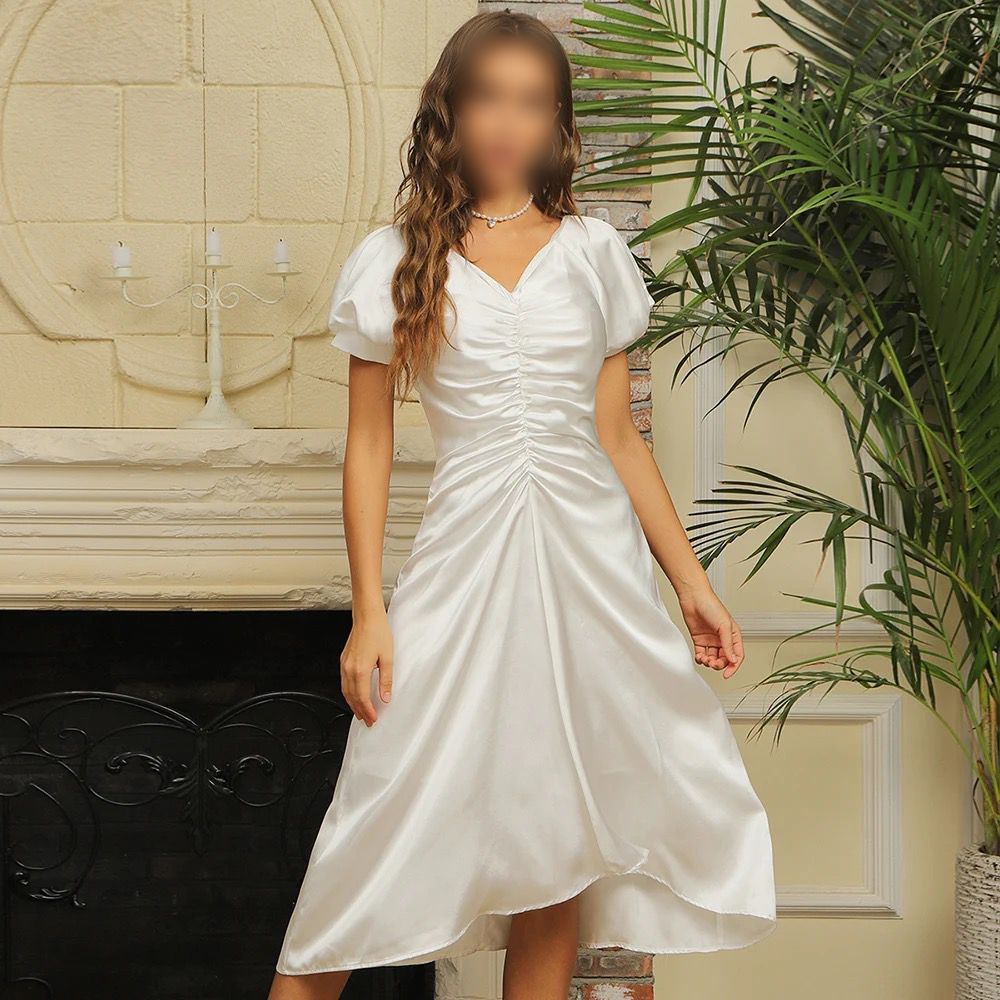 Dreamy White Satin Long Dress with Puff Sleeves