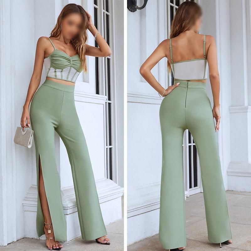 Muted Mint Green Set: High Waist Flare Pants with a Slit & a Cami Crop Top