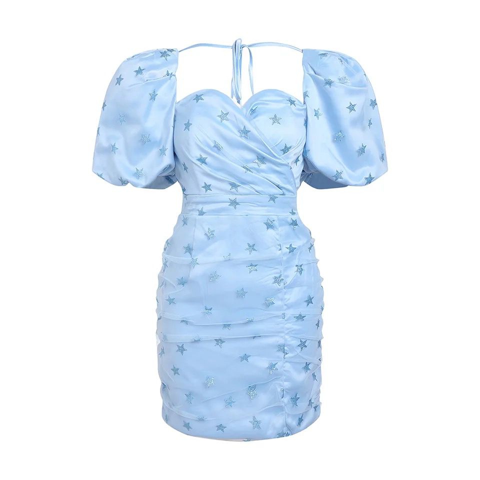 Mini-robe étoilée bleu ciel à manches bouffantes