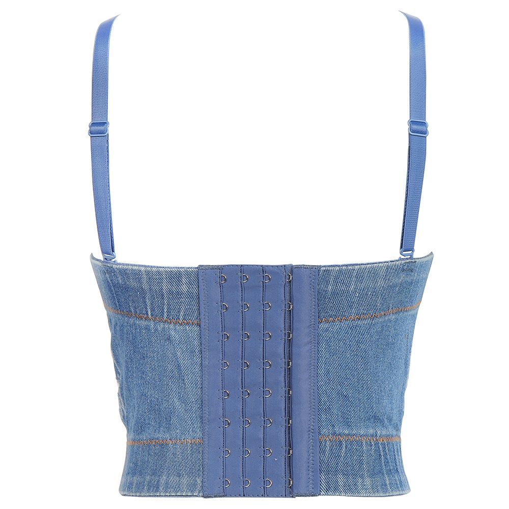 Haut court corset en jean orné de bijoux