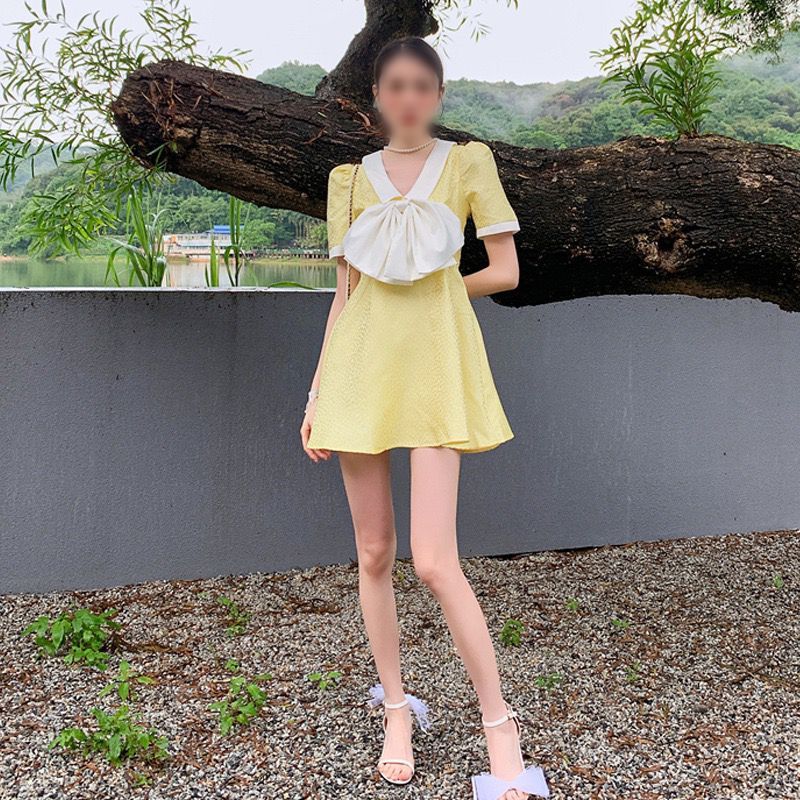 Short Sleeve Mini Dotted Yellow Dress