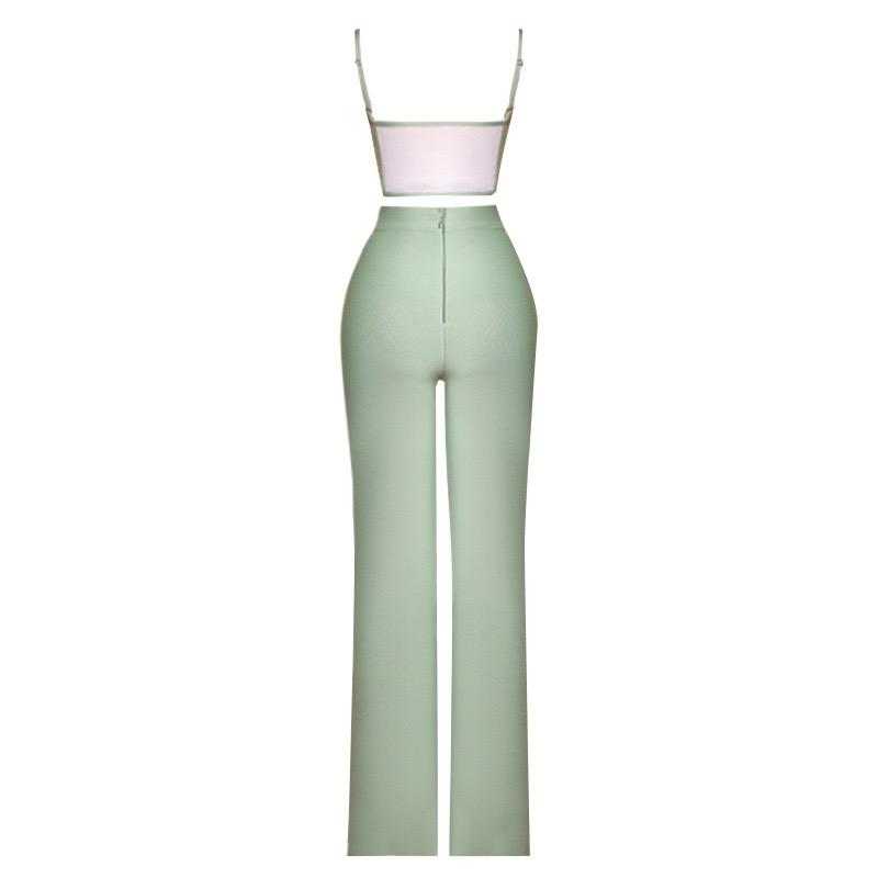 Muted Mint Green Set: High Waist Flare Pants with a Slit & a Cami Crop Top