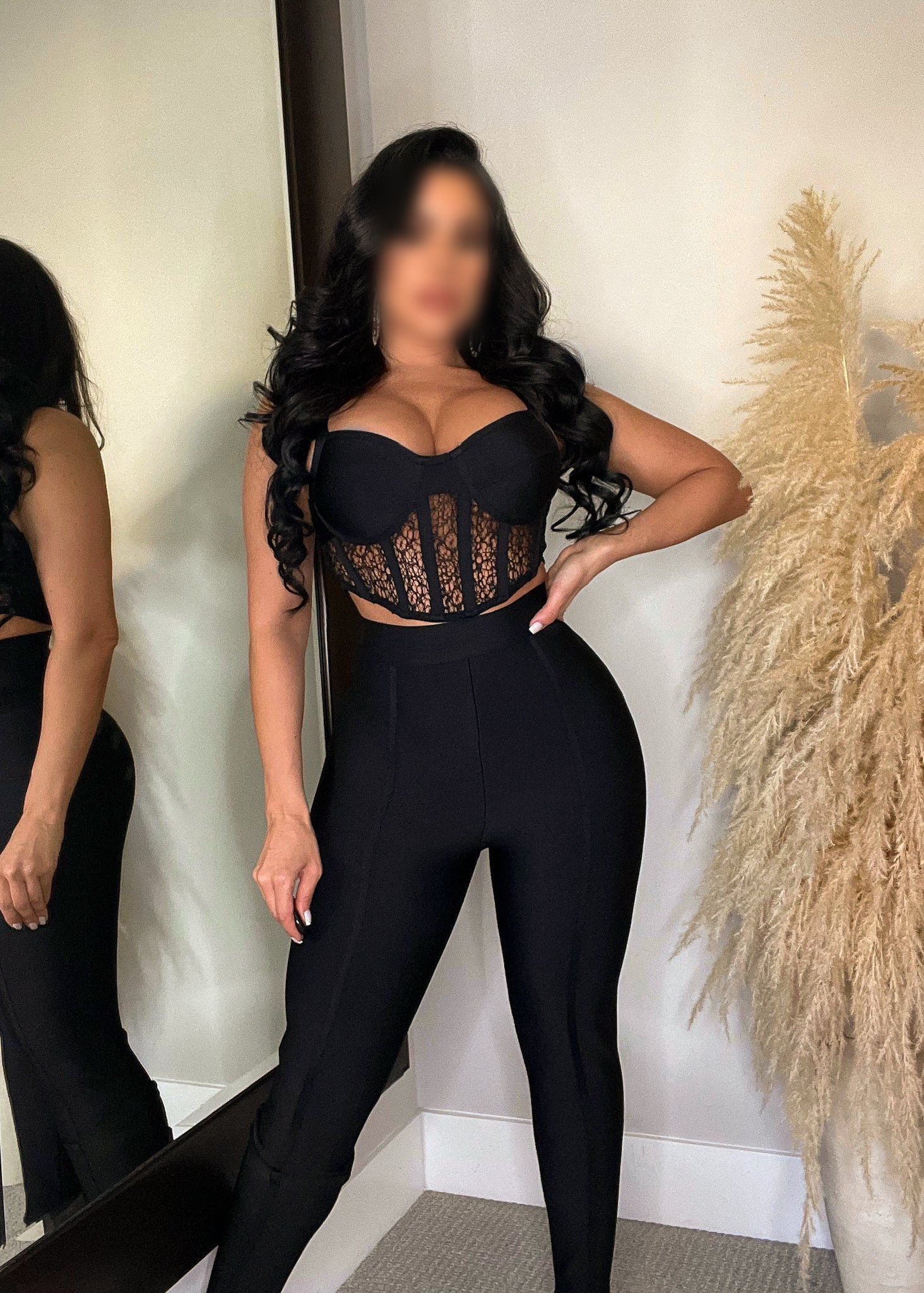 Sexy Black 2 Piece: Lace Top & Pant Set