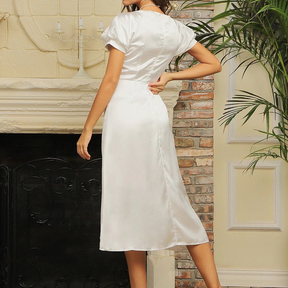 Dreamy White Satin Long Dress with Puff Sleeves