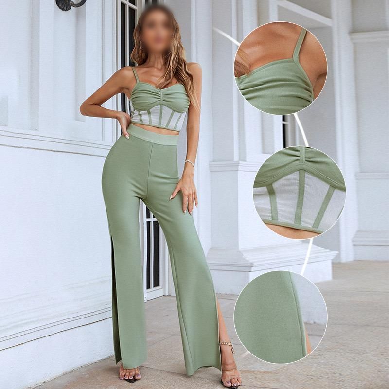 Muted Mint Green Set: High Waist Flare Pants with a Slit & a Cami Crop Top