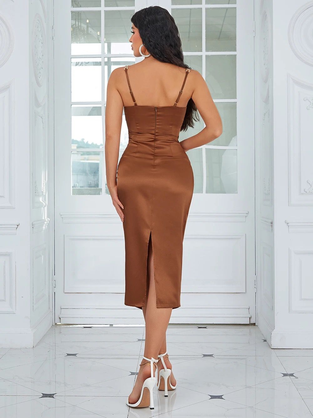 Brown Soft Satin Midi Dress With Gold Chain Straps