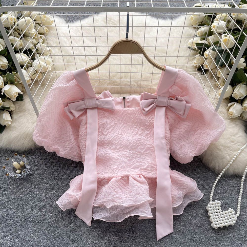 Korean Style Blouse Top with Ribbons & Puff Sleeve