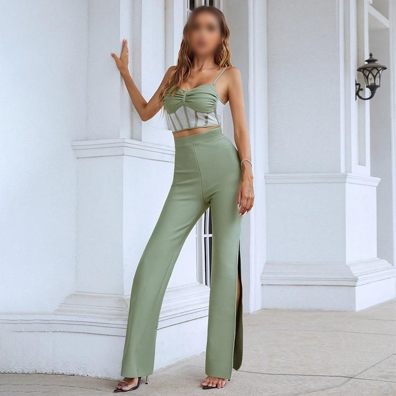 Muted Mint Green Set: High Waist Flare Pants with a Slit & a Cami Crop Top