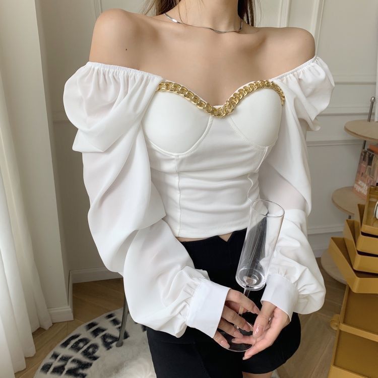 Long Sleeve Corset Style Top With Golden Chain Chest Piece