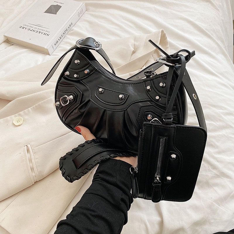 Y2K Style Shoulder Studded Leather Bag