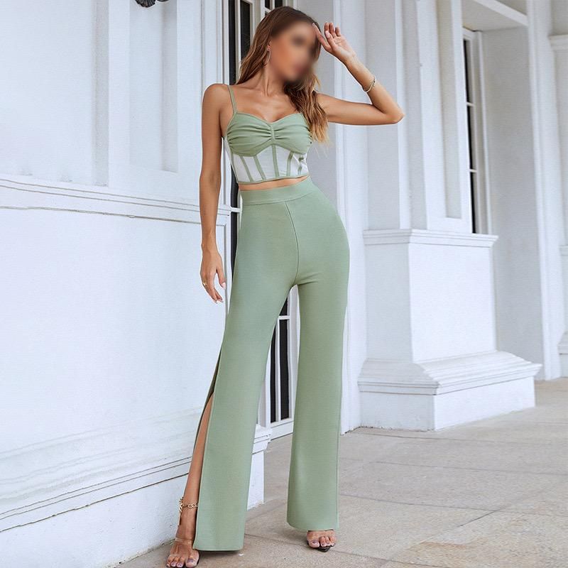 Muted Mint Green Set: High Waist Flare Pants with a Slit & a Cami Crop Top