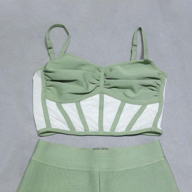 Muted Mint Green Set: High Waist Flare Pants with a Slit & a Cami Crop Top