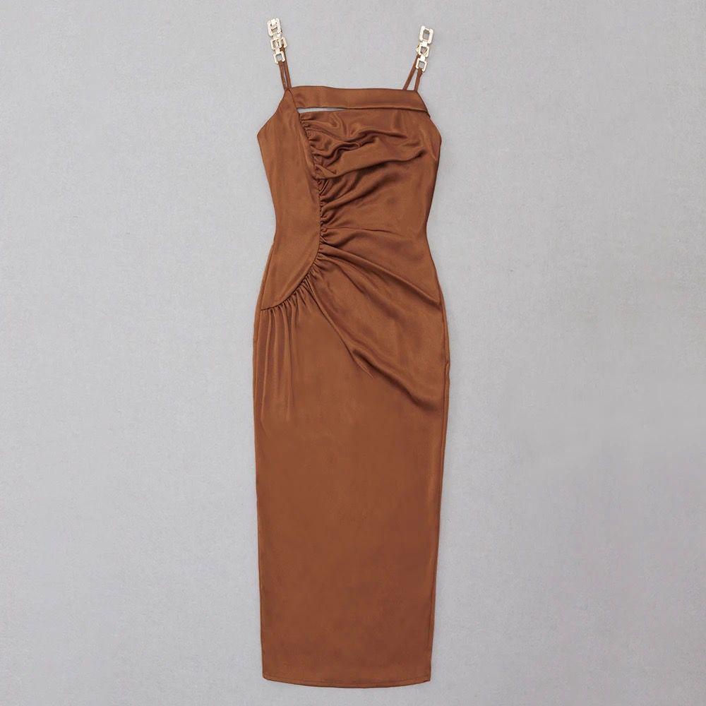 Brown Soft Satin Midi Dress With Gold Chain Straps