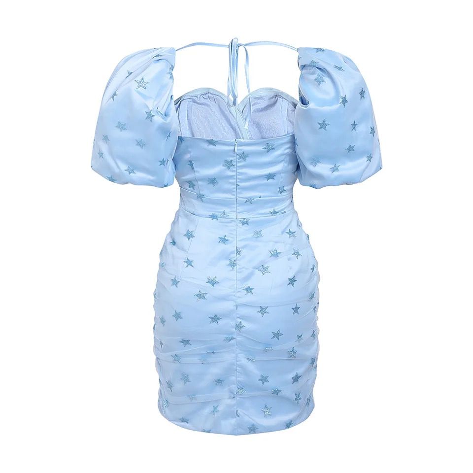 Mini-robe étoilée bleu ciel à manches bouffantes