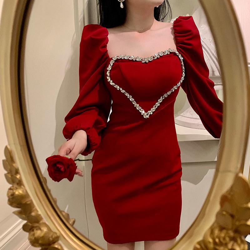 Heart Shape Rhinestone Chest Piece Deep Red Elegant Dress