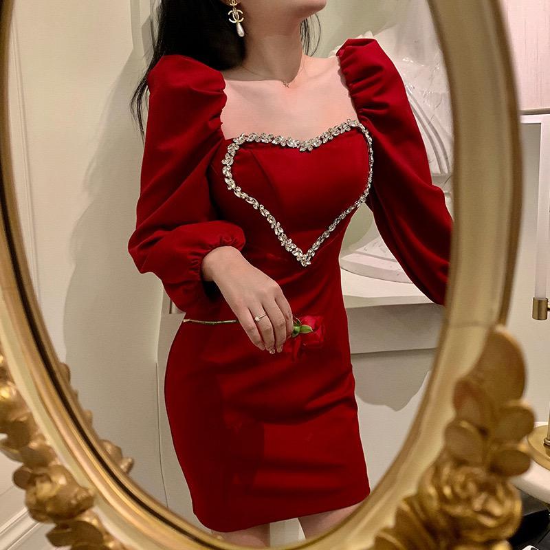 Heart Shape Rhinestone Chest Piece Deep Red Elegant Dress