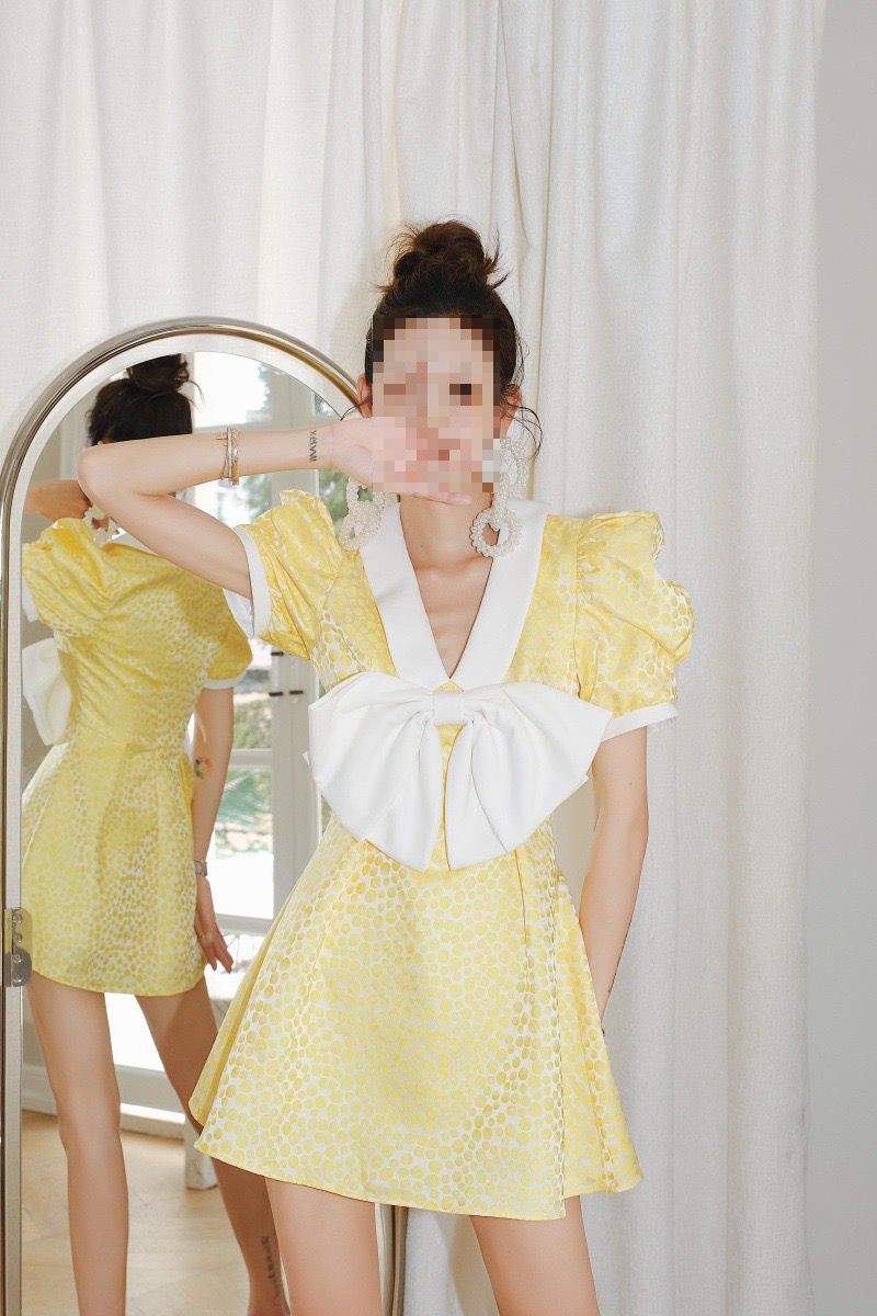 Short Sleeve Mini Dotted Yellow Dress