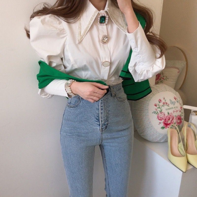 Vintage Style Blouse with Jeweled Bottons