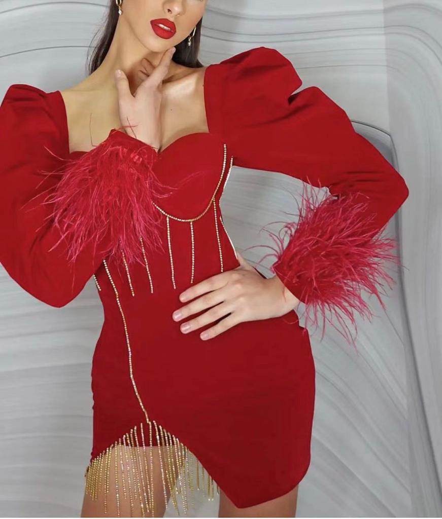 Elegant Bondage Red Puff Long Sleeve Dress with Zirconias Details