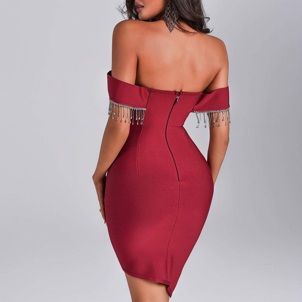 Bondage Off Shoulder Dress with Rhinestone Fringe