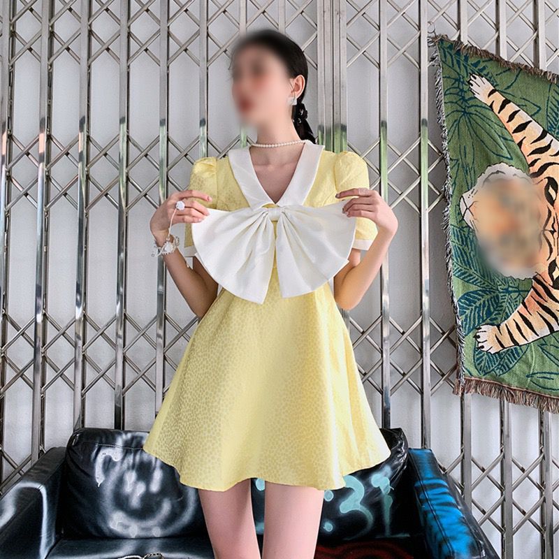 Short Sleeve Mini Dotted Yellow Dress