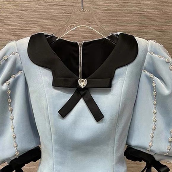 Sky Blue & Black Princess Style Top With Rhinestone Puff Sleeves