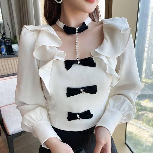 Classy Korean Style Top With Rhinestone Choker and Jeweled Ribbons