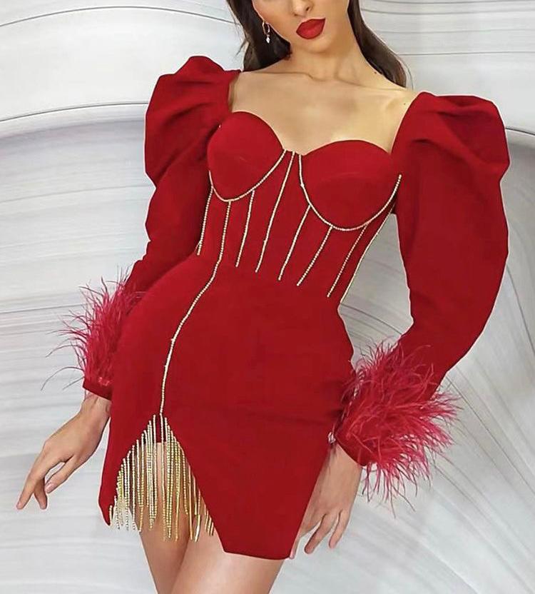 Elegant Bondage Red Puff Long Sleeve Dress with Zirconias Details