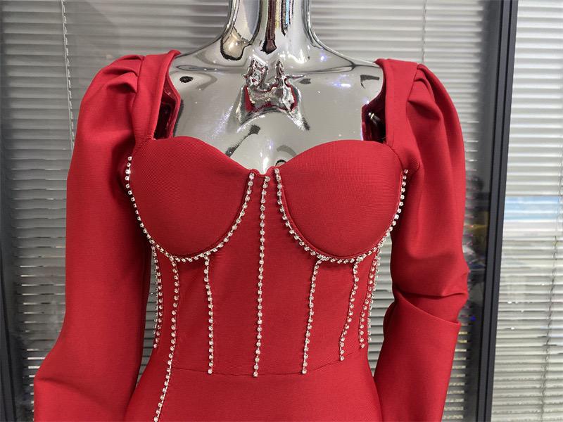 Elegant Bondage Red Puff Long Sleeve Dress with Zirconias Details