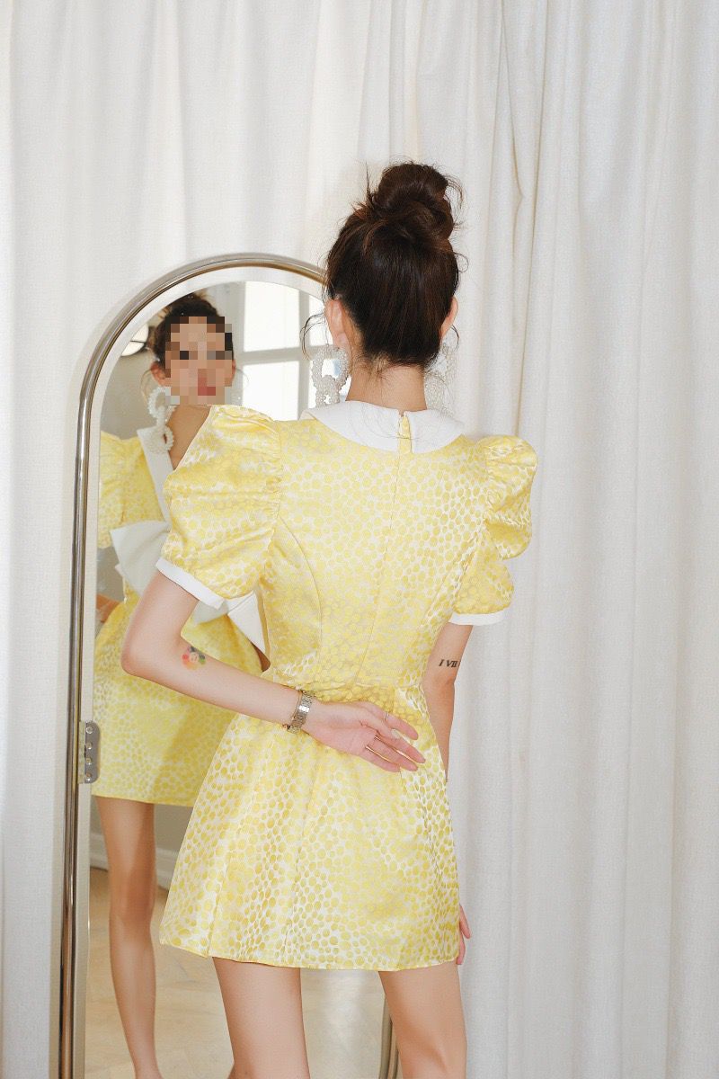 Short Sleeve Mini Dotted Yellow Dress