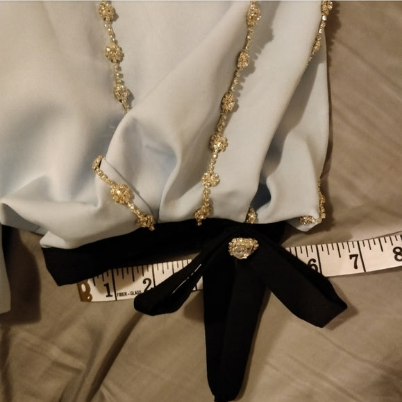 Sky Blue & Black Princess Style Top With Rhinestone Puff Sleeves