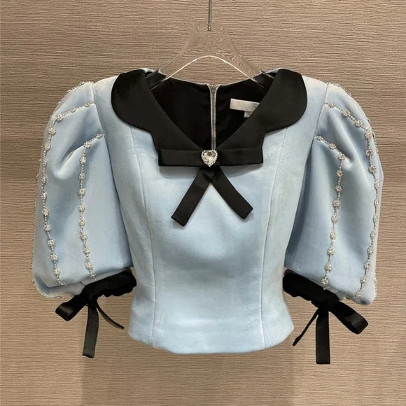 Sky Blue & Black Princess Style Top With Rhinestone Puff Sleeves